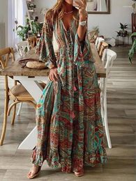 Casual Dresses Bohemian Beach Women Maxi Dress Spring Summer V-Neck Long Sleeve Female Vintage Floral Print Robe Vestido