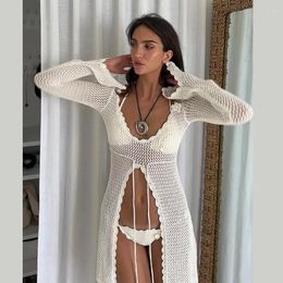 White Knitted Cover-Ups Top Women Fashion Hollow Out Lace Up Bikini Cover Summer Sexy See Through Long Sleeve Tops 2024