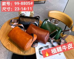 Tanned Plant Top Layer Cowhide Womens Single Shoulder Crossbody Cylindrical Bag Simple and Fashionable Girls Classical Small Handbag Pillow