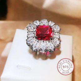 Cluster Rings Creative Sunflower Design Red Square Diamond Open Ring For Bride Wedding Engagement Birthday Gift 925 Sterling Silver Jewellery