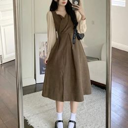 Casual Dresses Autumn Korean Patchwork V-neck Long Sleeve Midi Dress Femme Sweet Pleated Pullover A-line Skirt Women Clothing Simplicity