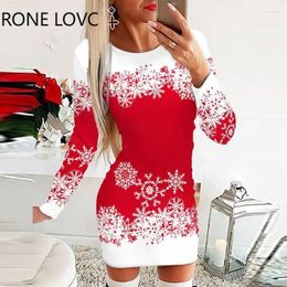 Casual Dresses Women Elegant Round Neck Christmas Snowflake Print Long Sleeve Bodycon Dress