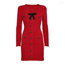 Casual Dresses JAMERARY Runway Brand Autumn/Winter Red Bow Square Neck Slim Fit Knitted Sweater Beaded Long Sleeve Dress For Women