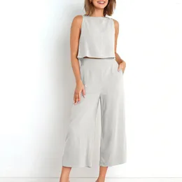 Women's Two Piece Pants Solid Colour Cotton Linen Suit Casual Sleeveless Vest Nine Points Double Pocket Wide Leg Set Juniors Pant