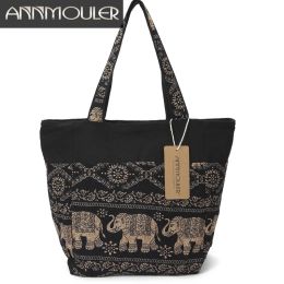 Buckets Annmouler Large Capacity Shoulder Bag Elephant Printed Women Tote Bags Canvas Patchwork Handbags Top Handle Cotton Totes
