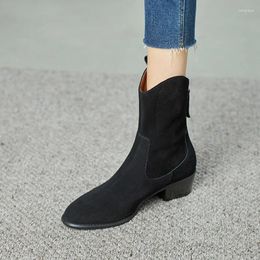 Boots 2024 Autumn Women Cow Suede Western Shoes Round Toe Chunky Heel Mid-calf Real Leather