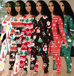 Women Jumpsuits Designer Christmas Slim Sexy Large Neckline Long Sleeve Tight Pattern Printed Hollow Strap Design Rompers S5XL 6 3830577