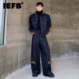 IEFB Thickened Denim Set Mens Wear Trendy PU Patchwork Two-piece Sets Autumn Winter Stand Neck Jacket Wide Leg Jeans 9C3561 240412