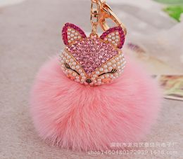 Rabbit Fur Ball y Round Ball with Bling Bling Lovely Fox Metal Keychain Keyring Car Keychains Purse Charms Handbag Pendant7072684