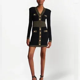 Casual Dresses Black Sexy Vintage V-Neck Long Sleeve High Waiste Knitted Dress Women 2024 Spring Fashion Slim Short Designer Brand