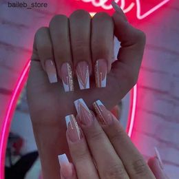 False Nails 24Pcs Simple French Fake Nails Wearable Artifical False Nails with Glue Long Coffin Press on Nails Gold Powder Design Nail Tips Y240419 Y240419