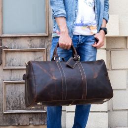 Bags Vintage Men Genuine Leather Travel Bag Travel Tote Big Weekend Bag Man Cowskin Duffle Bag Hand Luggage Male Handbags Large 60cm