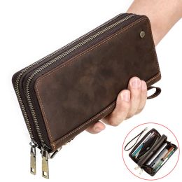 Wallets Orange Leaf Genuine Leather Men's Wallet Clutch Bag Card Holder Long Wallets Double Zipper Large Capacity Vintage Male Purses