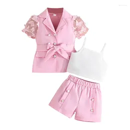 Clothing Sets Girls Summer 3PCS Shorts Mesh Sleeve Blazer Tops White Camisole Casual