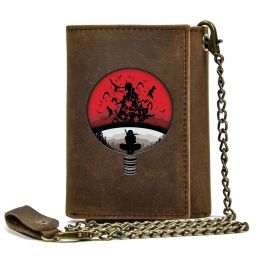 Wallets High Quality Men Genuine Leather Wallet Anti Theft Hasp With Iron Chain Japan Anime Ninja Symbol Cover Card Holder Short Purse