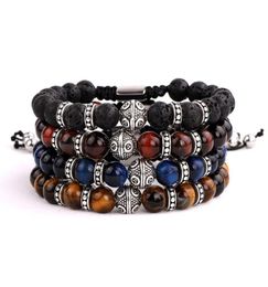 Drop Men Jewelry Natural Stone Beads A Grade Tiger Eye Thai Silver Charms Macrame Bracelet Beaded Strands1378689