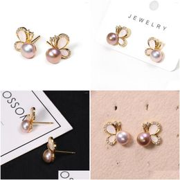 Stud Earrings Butterfly Natural Freshwater Pearl Round Elegant Purple Mother Of Shell Designer For Women Jewelry Drop Delivery Dh8Ua