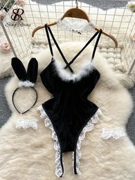 SINGREINY Women Velvet Sensual Backless Bodysuits Strap Lace Patchwork Cosplay Underwear Suits Open Crotch Lingerie Playsuits 240419