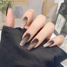 False Nails Coffin Cat Eye False Nails Long Square Glitter Nail Art Fake Nails Mid-length Press on Nail Tips for Girls Women Wearable Design Y240419