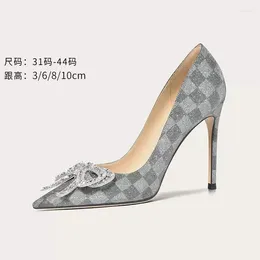 Dress Shoes Spring And Summer Pointy Grey Sequins Rhinestone Professional Single Thin High-heeled Banquet Large Women's Shoe