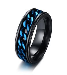 Engrave Black Stainless Steel Spinner Band Rings Decorated Edges and Rotating Centre Chain Links Ring6399043