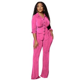 Womens Tracksuits New Wholesale Veet Women Clothes Fall Winter Sweatsuits Long Sleeve Shirt And Flare Pants Two Piece Set Matching Out Dhr1O