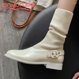 Boots Lanxuryee 2024 Genuine Leather Round Toe Low Heel Knitting Korean Street Elegant Lady Daily Wear Mid-calf L88