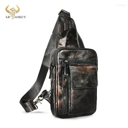 Waist Bags Natural Cow Leather Men Vintage Coffee Travel Triangle Chest Sling Bag Design 8" Tablet One Shoulder Strap Daypack Male B574