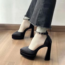 Dress Shoes 2024 Arrival Women Platform Pumps Satin Chunky Heels Pointed Toe Pretty Black Yellow Pink Party US Size 3-10.5