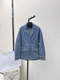 Women's Jackets 24 Early Spring The Latest Wash Water Blue Suit Collar Shoulder Drop Waist Double Pockets Stylish Senior