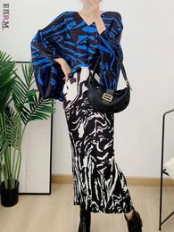 Casual Dresses EGRM Print Contrast Color Pleated Maxi Dress For Women V-Neck Long Batwing Sleeve Loose 2024 Summer 8GR6128