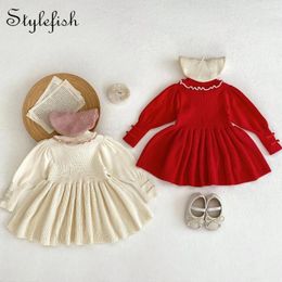 Girl Dresses Spring And Autumn Children's Clothing Women's Fashion Red Round Neck Lace Solid Long Sleeve Sweet Skirt Overlay Dress