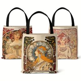 Bags Musa Series Polyester Oil Painting Tote Bags Reusable Shopping Bag For Groceries Shoulder Bags Home Storage Bag