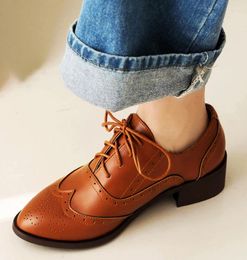 Dress Shoes EAGSITY British Style Brown Oxford Women Casual Brogue Leather Pointed Toe Square Heel Derby