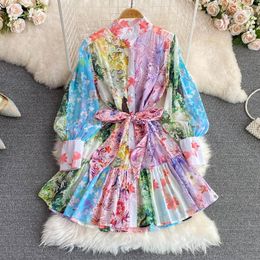 Spring 2024 Womens dresses Niche Stand Up Collar Cinched Waist Bow Tie Balloon Long Sleeve Printed A Line Swing Dress