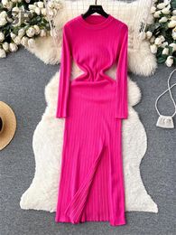 Casual Dresses SINGREINY Split Knit Maxi Dress Women Solid Long Sleeve Elastic Waist Elegant O Neck Ladies French Sweater