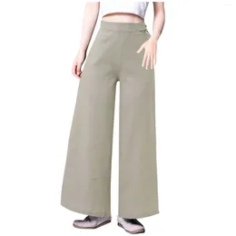 Women's Pants Women Solid Linen Casual Baggy Elastic Waist Trouser Wide Leg Pocket Trousers High Flare Slacks Office Formal