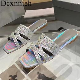 Slippers 2024 Open Toe Flat Heel Women's Shiny Crystal Decorative Summer Comfortable Outdoor Vacation Shoes