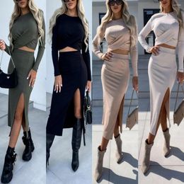 Work Dresses Women Knitted Tops Skirt Sets Long Sleeve Sexy Splits Spring Autumn Solid Short Pullover T Shirt Lady Elegant 2-piece Set