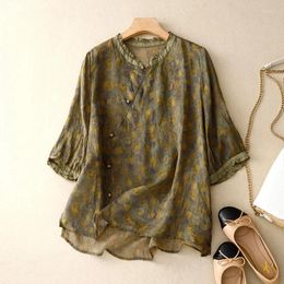 Women's Blouses Chinese Style Shirt Cotton Linen Vintage Prints Loose Short Sleeves Women Tops Summer O-neck Clothing YCMYUNYAN