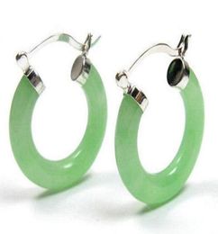 Jewelry Natural light Green Jade silver Click Hoop Earrings07933842