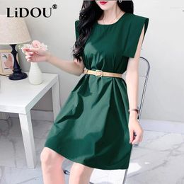 Casual Dresses 2024 Summer Women's Elegant Fashion Korean Style Belt Midi Dress Ladies Sleeveless Temperament All-match A-line Vestidos