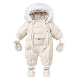 AYNIGIELL Winter born Thickening Jumpsuit Built-in Wool Hooded Down Romper Baby Boys and Girls Warm Snowproof Overalls 240409