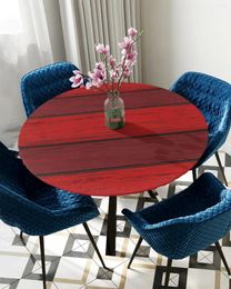 Table Cloth Red Retro Wood Grain Rustic Round Tablecloth Elastic Cover Indoor Outdoor Waterproof Dining Decoration Accessorie