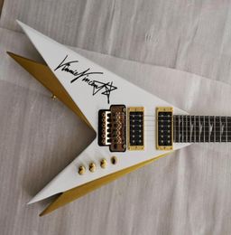 Rare Double V Kiss Vinnie Vincent Pearl White Gold Flying V Electric Guitar Floyd Rose Tremolo Tailpiece Locking Nut Gold Hard5965288