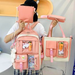 Backpacks 4pcs Set Backpack School Bags For girls Kawaii Casual Book Bag Travel Rucksack Rabbit Carrot