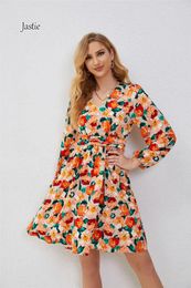 Casual Dresses Jastie 2024 Spring And Autumn V-neck Long-sleeve For Women Retro Printed A-line Beach Dress