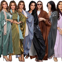 Ethnic Clothing Shiny Satin Abaya Women Open Cardigan Loose Long Dress Dubai Kaftan Islamic Arab Gown Turkey Moroccan Casual Robe Fashion