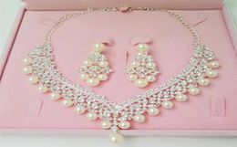 Luxury Rhinestones Bridal Jewellery Sets Pearls Silver Crystals Wedding Necklaces And Earrings For Bride Prom Evening Party Accessor2681039