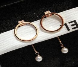 18k rose gold fashion designer geometry circle pendant white pearl drop stud earrings for stylish woman girls dangle Chandelier7455598
